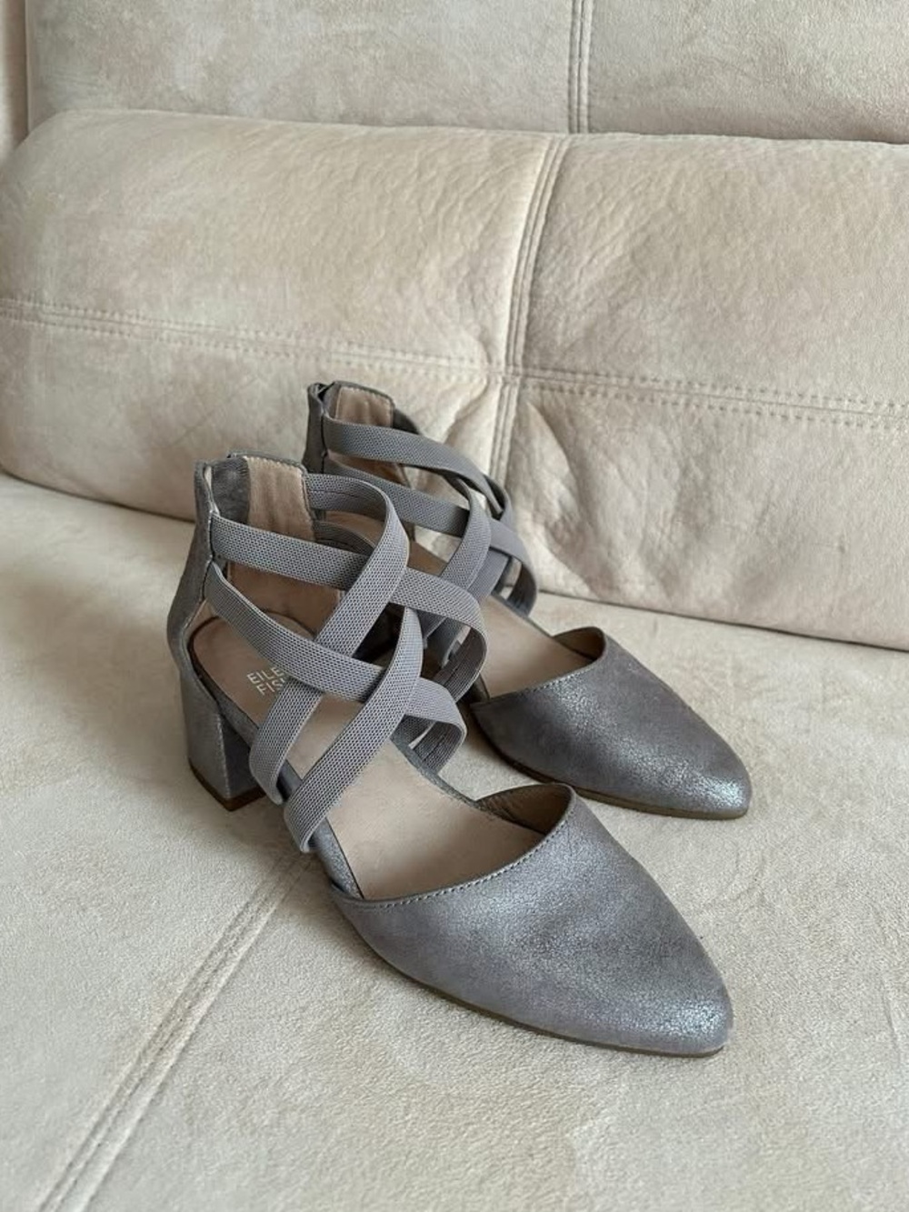 Eileen Fisher Silver Leather Suede Classy Strappy Block Heel Pump